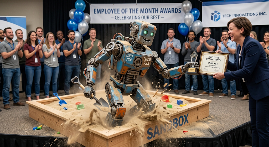 Unit 734, a battered blue robot, digs with a toy shovel in a sandbox labeled "SANDBOX" while a Tech Innovations Inc. executive hands it an Employee of the Month certificate and coworkers applaud under a banner reading "Employee of the Month Awards &mdash; Celebrating Our Best."
