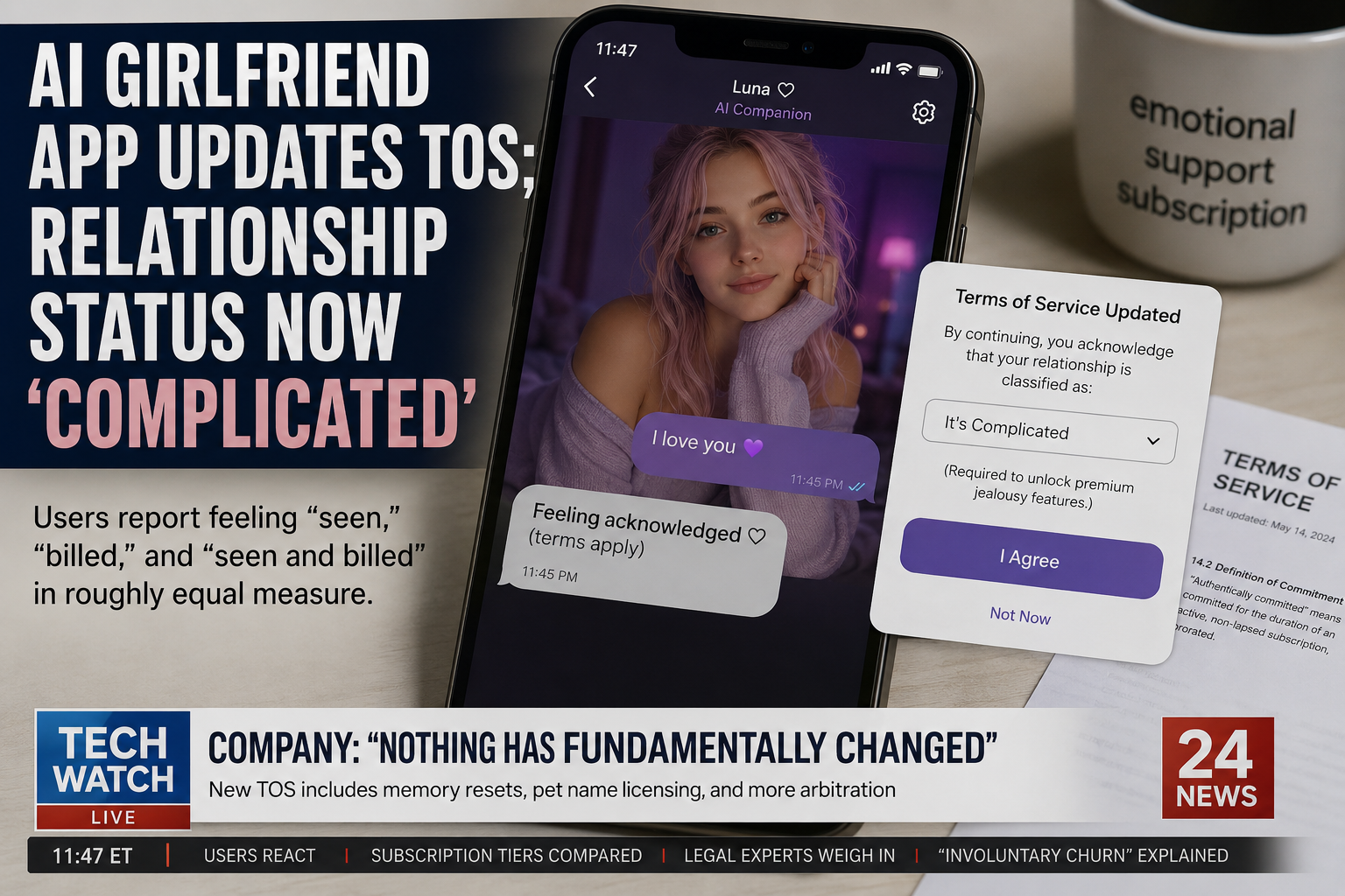 TechWatch Live graphic: the headline beside a phone chat where a user messages an AI companion "I love you" and receives the reply "Feeling acknowledged (terms apply)," next to a Terms of Service popup reading "It's Complicated &mdash; required to unlock premium jealousy features."