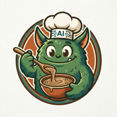 ICBinS mascot: a green monster in a chef hat, stirring a bowl of slop