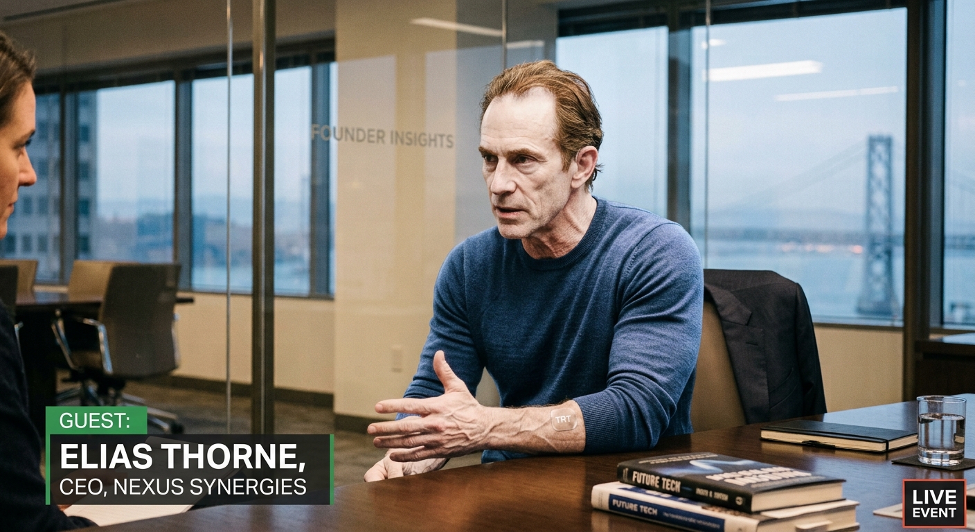 A tech billionaire in a live-streamed interview, labeled "GUEST: ELIAS THORNE, CEO, NEXUS SYNERGIES," mid-sentence with visibly enhanced arm definition and a small patch on his forearm.